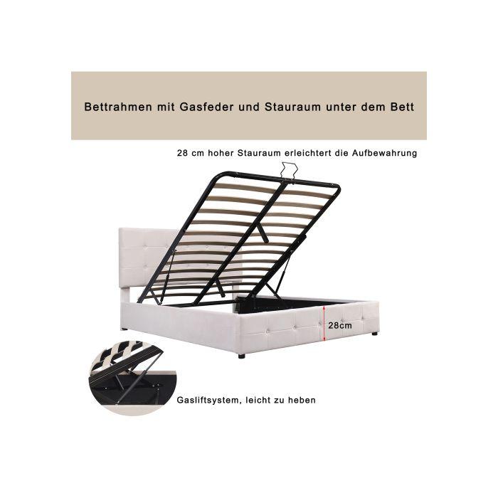Gepolstertes Bett - MUVOE - 140x200 - Hydraulischer Klapp-Stauraum - Verstellbares Kopfteil - Cremefarbenes Samt