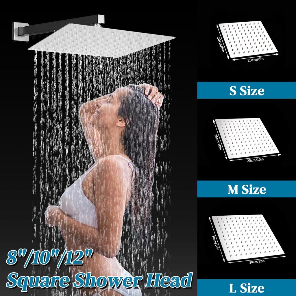 8/10/12 inches Head Pressurized Big Shower Head Ultra-thin Rainfall Shower Head Silver Stainless Steel Square Rain Shower 8 inch