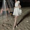 Stylish Lace Spliced Drawstring Mini Dress 2025 Summer Sweet A-Line Waist Female Clothing Solid Color Basic Puff Sleeve Dresses