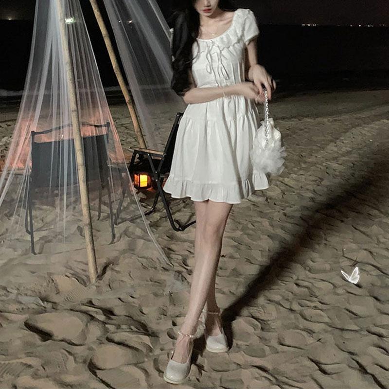 Stylish Lace Spliced Drawstring Mini Dress 2025 Summer Sweet A-Line Waist Female Clothing Solid Color Basic Puff Sleeve Dresses
