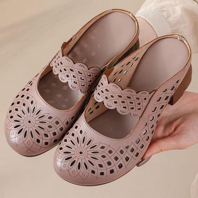 Women's Summer New Leather Hollow Out Block Heel Sandals Soft Sole Non Slip Baotou Outdoor Half Slippers High Heel Sandals