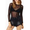 Damen Sexy Schwarzes Mesh Langarmshirt - Super Elastisch, Vollständig Transparente Basisschicht für Frühling & Herbst