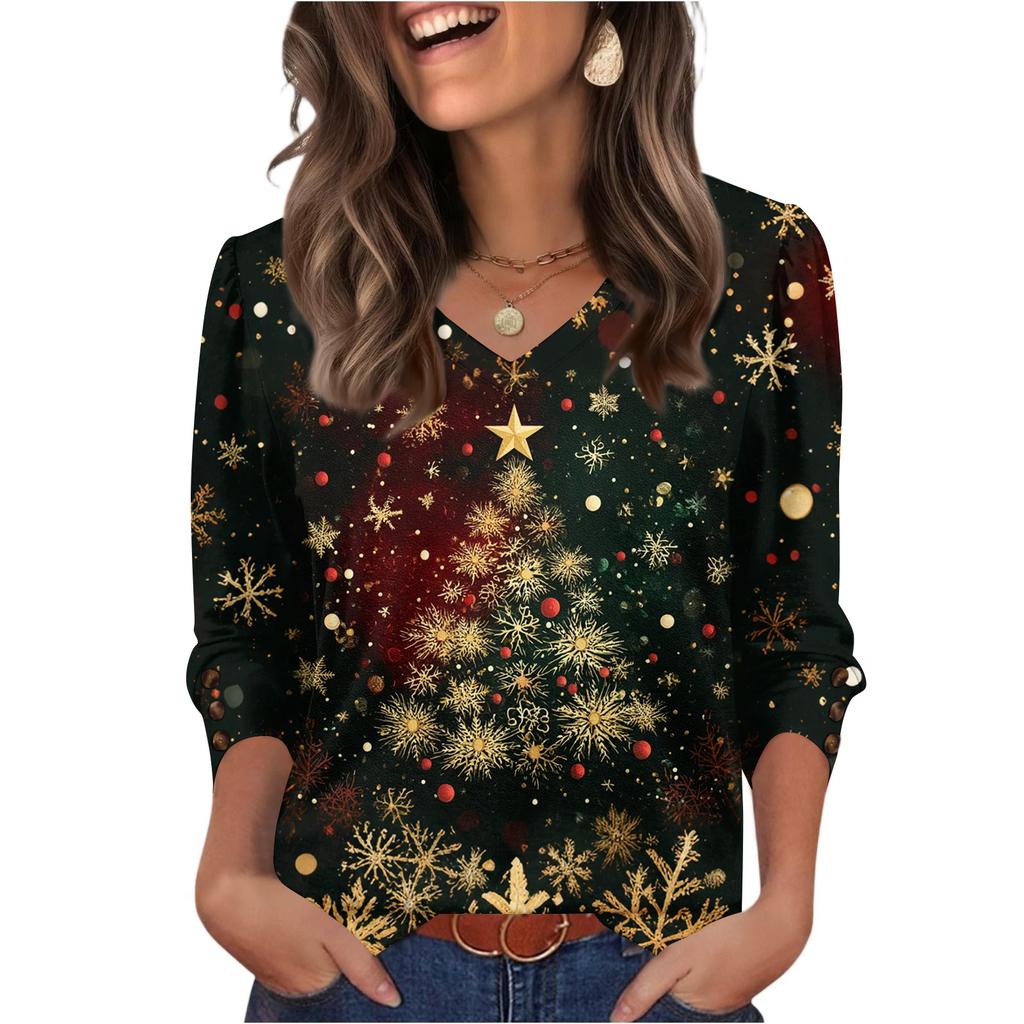 Women's Fashionable Casual Christmas Printed V-neck Top
