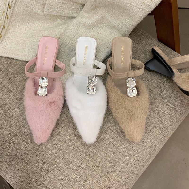 Autumn and winter new fashionable versatile pointed rhinestone fluffy shoes women's rhinestone velvet one pedal bag head half slippers