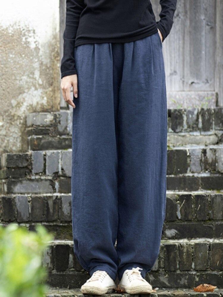 Women Ramie Vintage Thick Warm Pants Autumn Solid Color Elastic Waist Loose Long Pants with Pockets