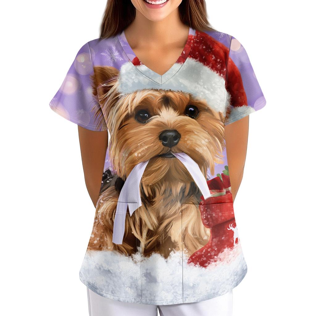 Women's Christmas Print Loose Fit V-Neck Short Sleeve Scrub Top with Pockets for Work