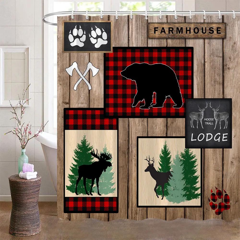 Bear Shower Curtains for Bathroom Wild Animals Rustic Cabin Forest Bear Print Wooden Board Cloth Bath Curtain Set Bathroom Decor