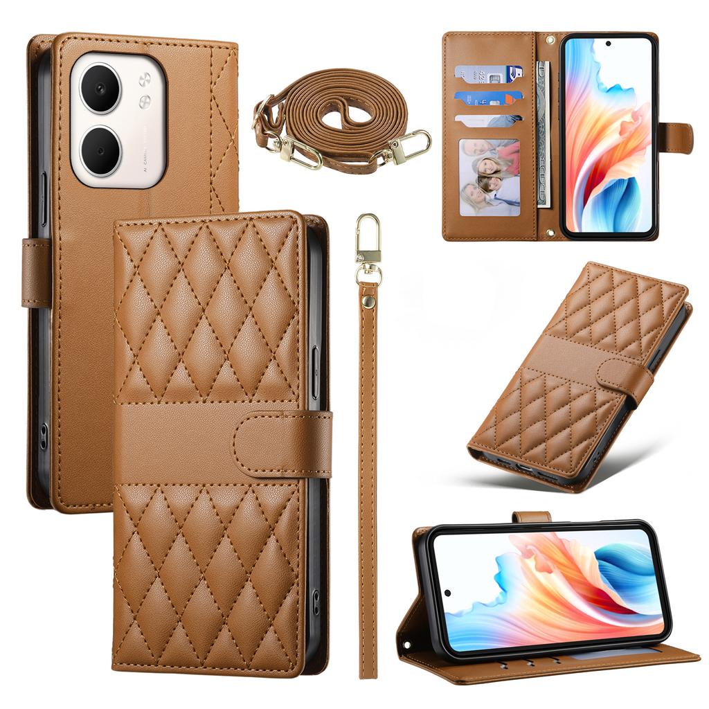 For Oppo A5x 5G/4G Case Rhombus Stitching Wallet Stand Leather Phone Cover with Long/Short Strap