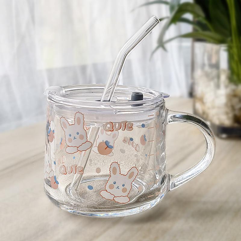 Glass Cartoon Print Milk Cup with Lid, Straw, and Spoon – Cute Breakfast Gift Cup with Logo