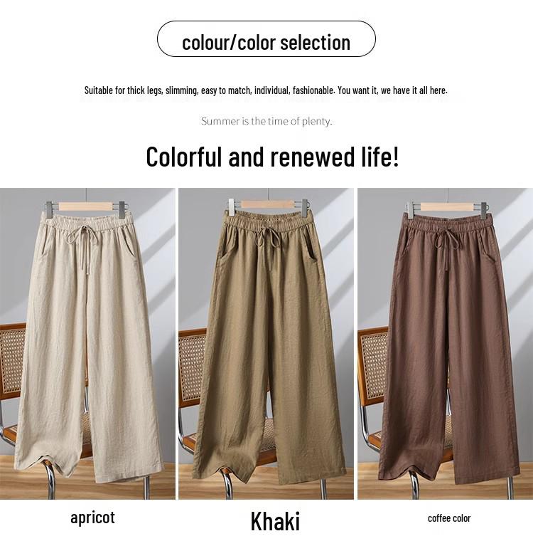 Women's High-Waisted Cotton Linen Wide-Leg Pants - Spring/Summer/Fall, Plus Size, Nine-Point, Drawstring, Casual Japanese Style