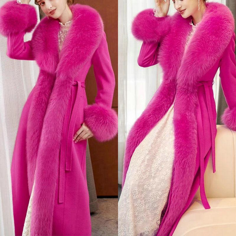 Autumn and winter new high-end imitation fox fur collar fur coat woolen coat thin large size long cotton clothes