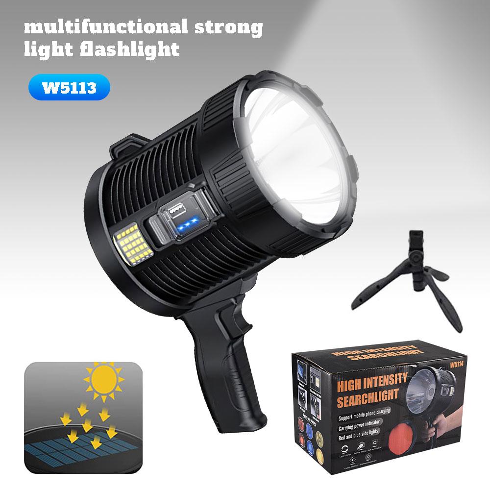 Powerful USB Rechargeable Flashlight Solar Waterproof LED Portable Light 3 Gear Charge 900000000 Searchlight Long Range Lamp