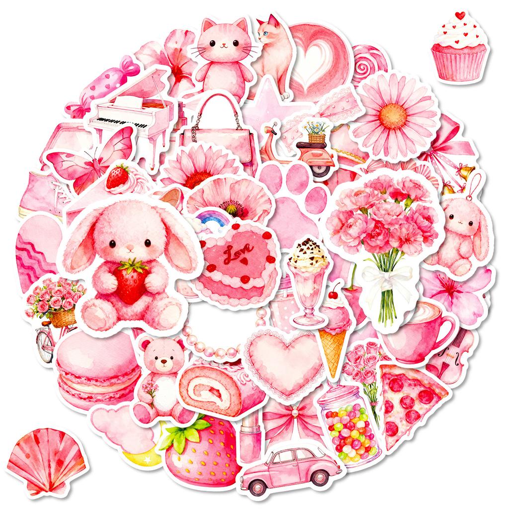 56 Watercolor Pink Cartoon Graffiti Stickers Girl Heart Account Notebook Decorative Material Stickers