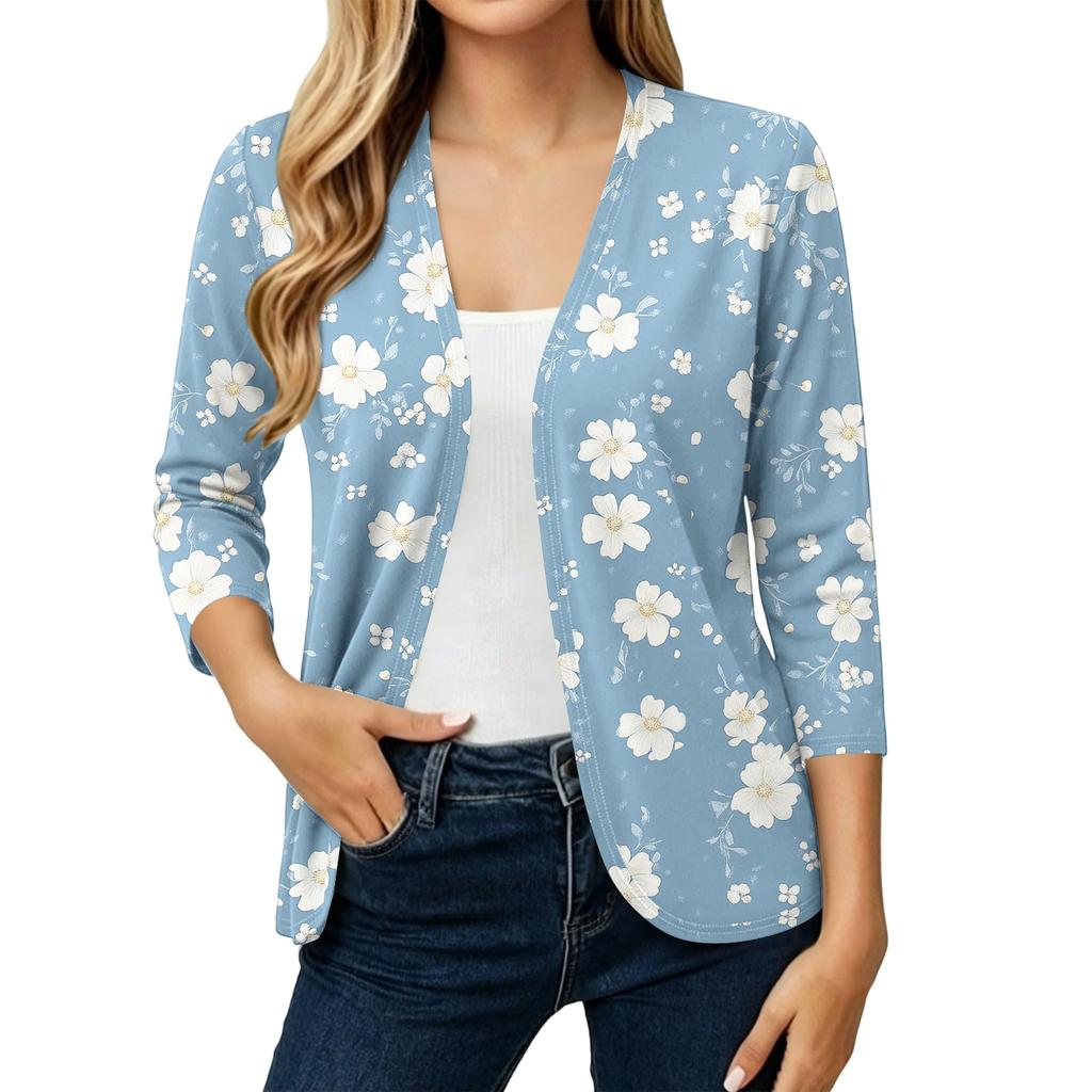 Women's Vintage Floral Print Three-Quarter Sleeve Loose Fit Lightweight Cardigan
