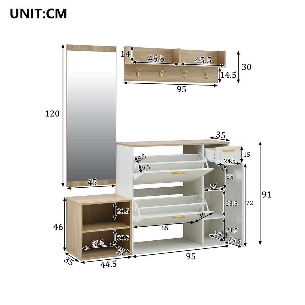 4-piece coat rack set – with shoe cabinet, bench, wall coat rack & mirror, complete hallway furniture set, dimensions: W139.5 x D35 x H166 cm
