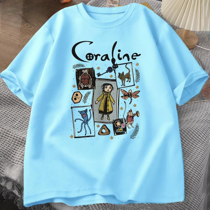 

Футболка Coraline Halloween Чоловіча футболка Spooky Vintage Harajuku Fall Футболка з короткими рукавами Бавовна Жіночий одяг Футболки чоловічі XL небо синє кольору