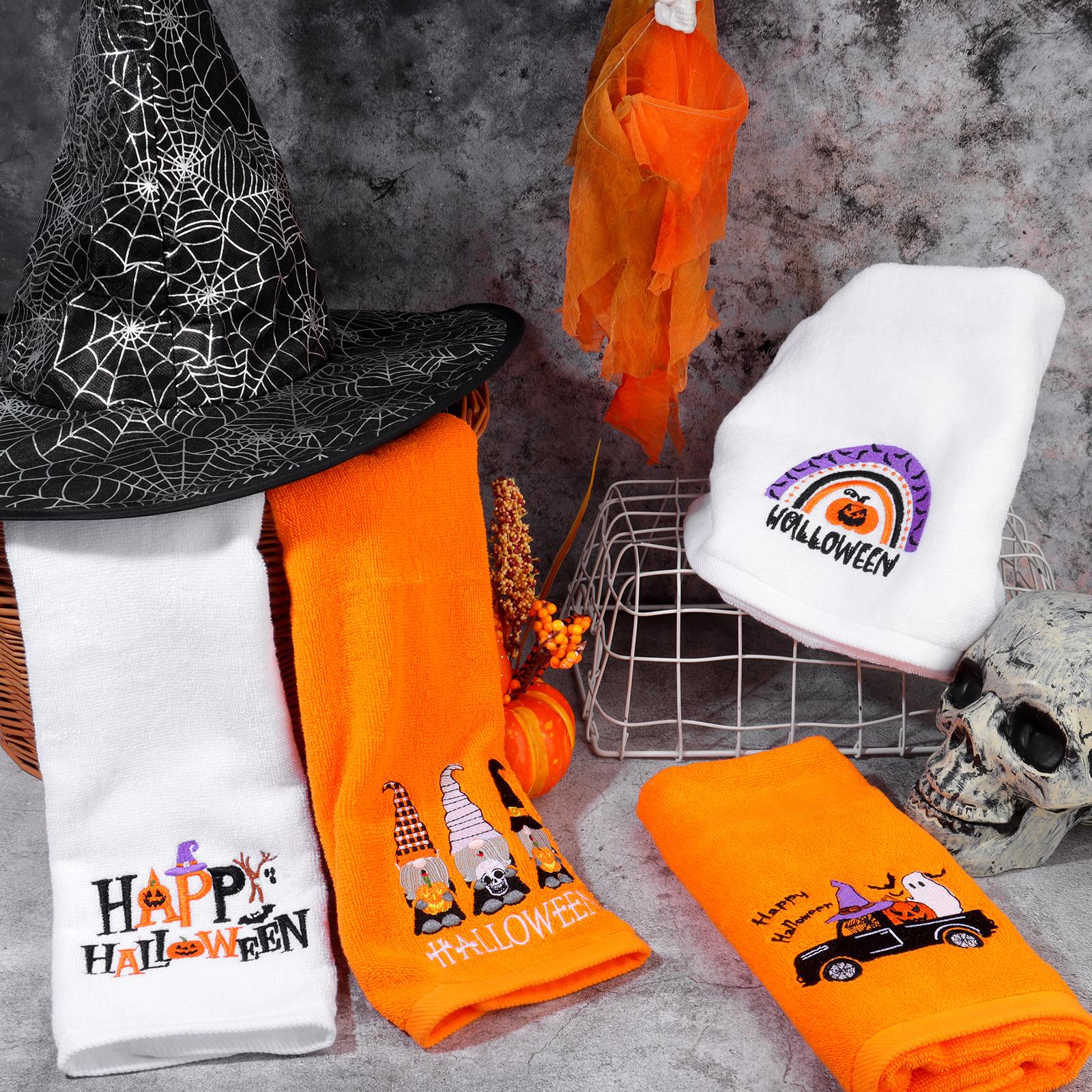 4Pcs Halloween Kitchen Towels 13.8 X 29.5 Orange Ghost Pumpkins Bats Truck Spooky Halloween Hand Towels Dish Towels Embroidere