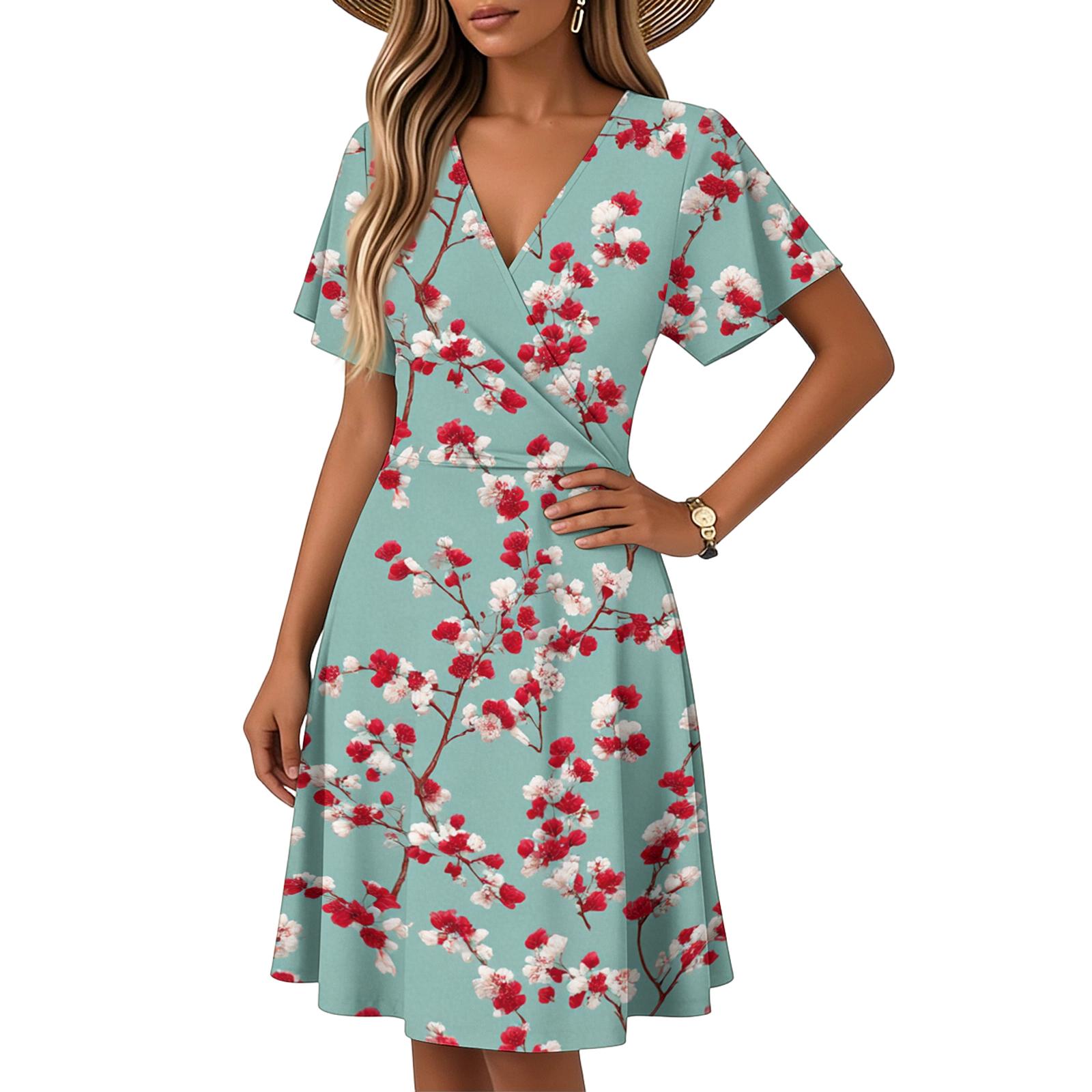 Women s Horn Sleeve Short Sleeve Casual Dress Plant Floral Print V-Neck Dress S циан