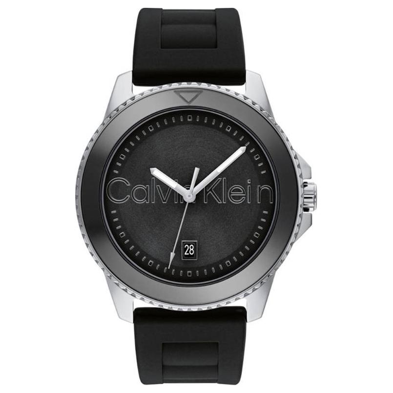 Calvin Klein Quartz Watch Silicone Strap 44Mm Black Dial 50M Water Resistant Men watches 25200386 Black Dial