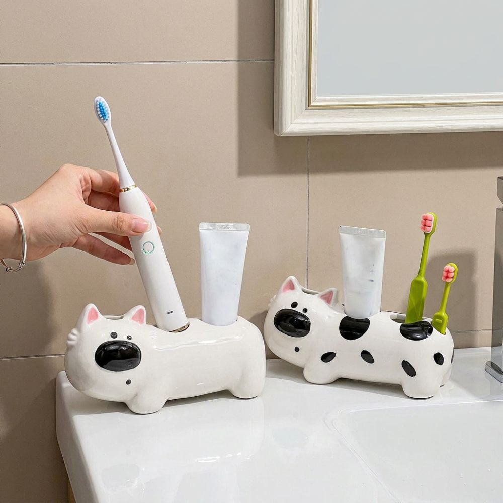 Ceramic Dog Shaped Toothbrush Holder 4 Slots Toothbrush Storage Rack  Washbasin Organizer