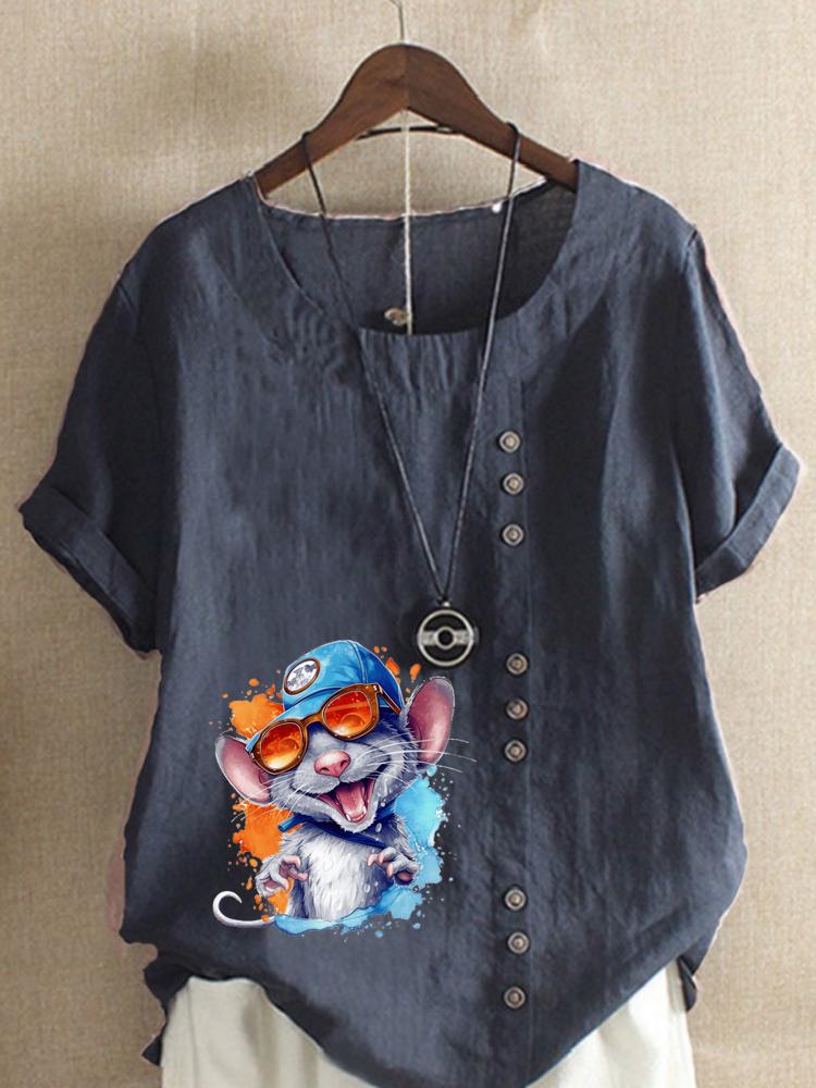 Women's Fashion Colorful Mouse Print Round Neck Short Sleeve T-shirt Casual Cotton Linen Graphic Shirt Leisure Loose Summer Blouse Tops