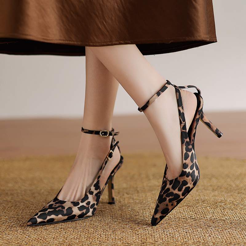 Krazing Pot Sheep Suede Summer Size 42 Leopard Decoration Slingback Thin High Heels Women Women Pointed Toe Pumps