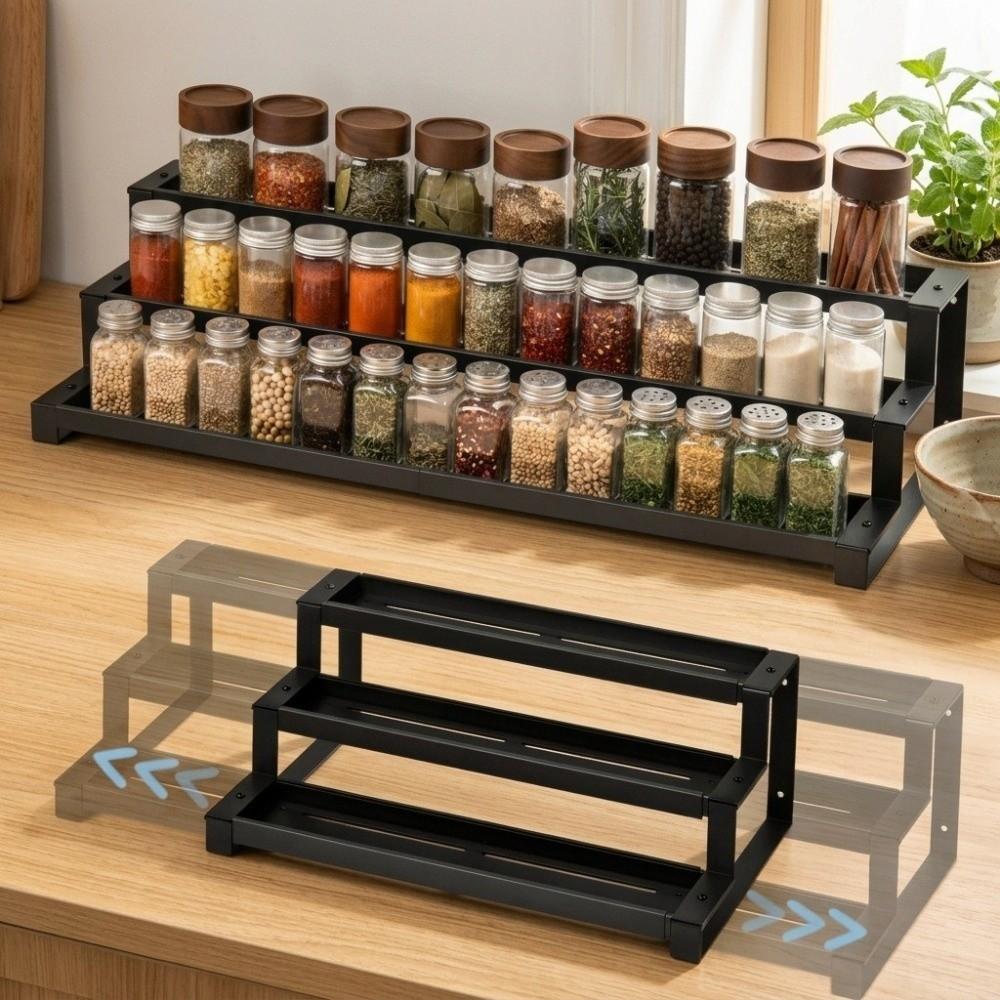 3-Tier Retractable Spice Jars Rack Slip-Resistant Carbon Steel Metal Display Rack Telescopic Adjustable Expandable Storage Shelf