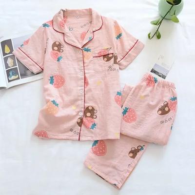 New Spring and Summer Pajamas Two-piece 100% Cotton Gauze Women's Short-sleeved Trousers Home Service Suit Cute and Thin