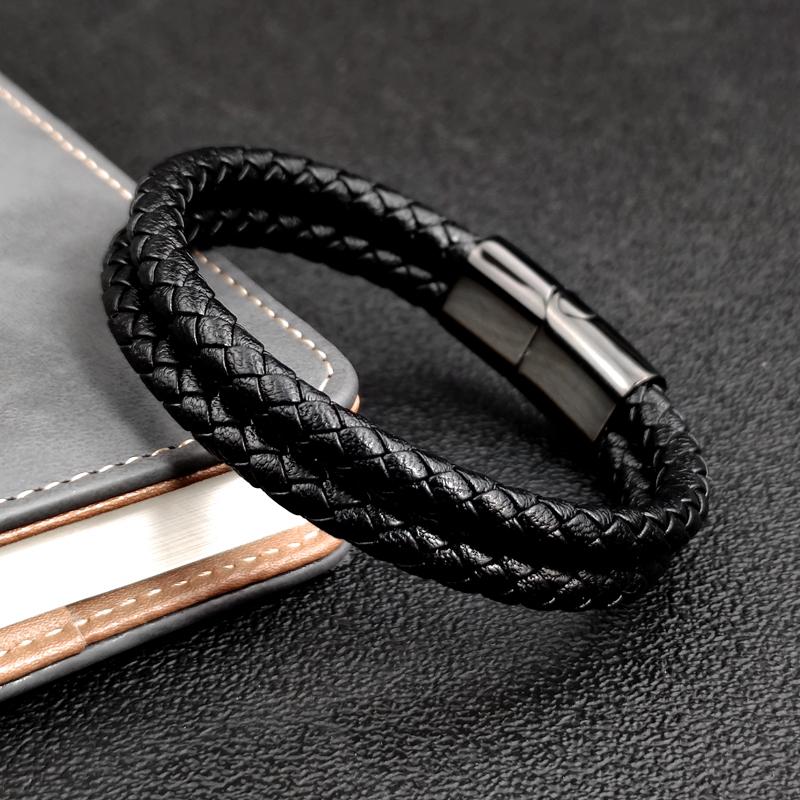 Mingao MF Double Leather Braided Stainless Steel Men's & Women Bracelets With Black/Brown Charm Magnet Clasp Custom Accessors