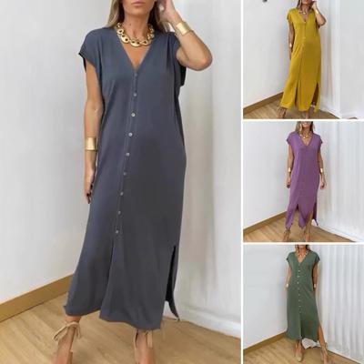 Damenkleid Sommer Casual Kurzarm Midikleid Locker V-Ausschnitt Knopfleiste