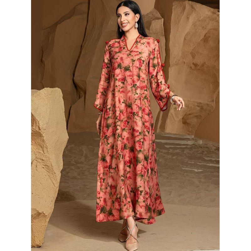 

New Middle East Turkey Fashion V-neck Print Slim fit Robe Dress V-Neck Printed Dress Orange M