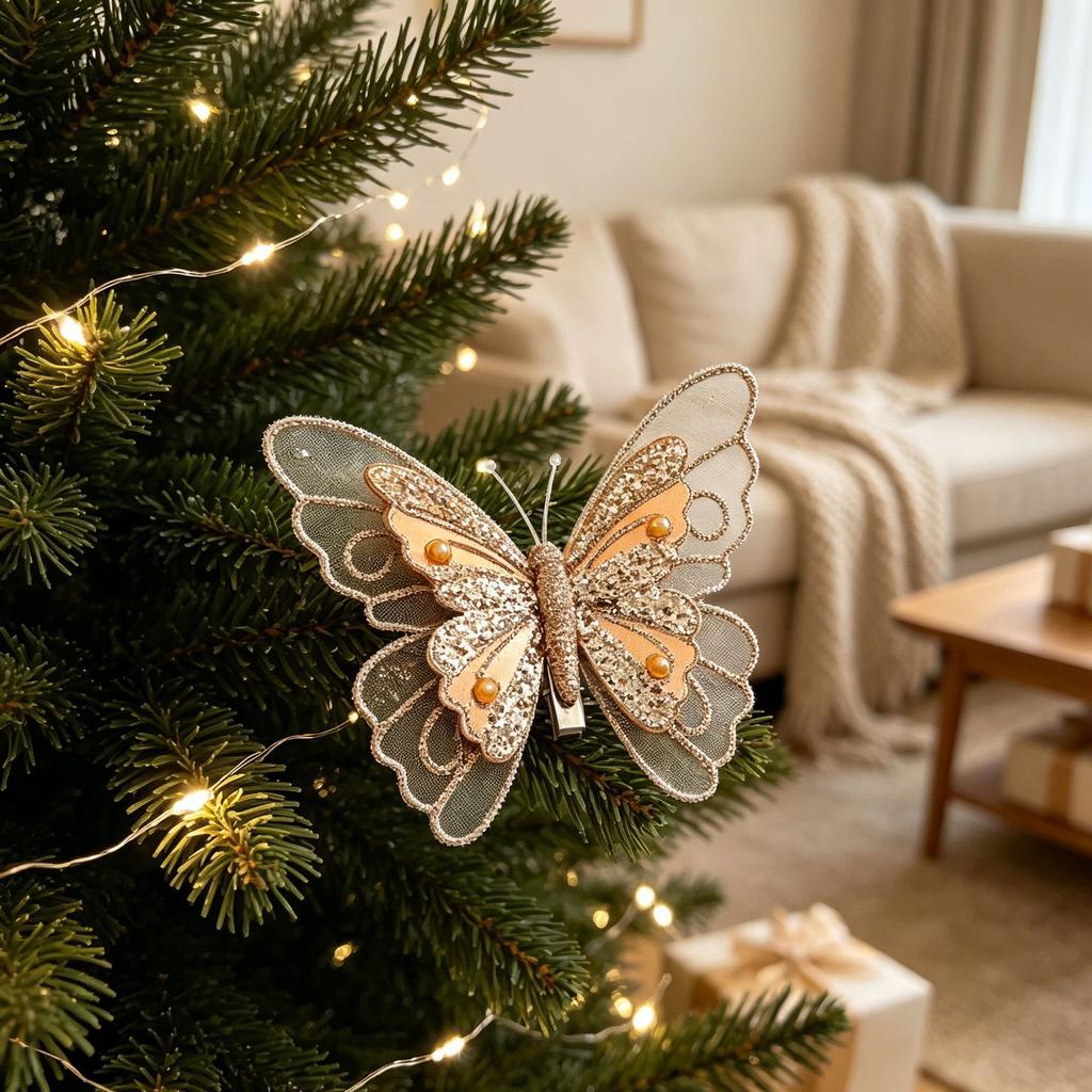 Christmas Decoration Item - Realistic Glittering Powder Butterfly Christmas Tree Ornament - Christmas Atmosphere Setting - Realistic Butterfly