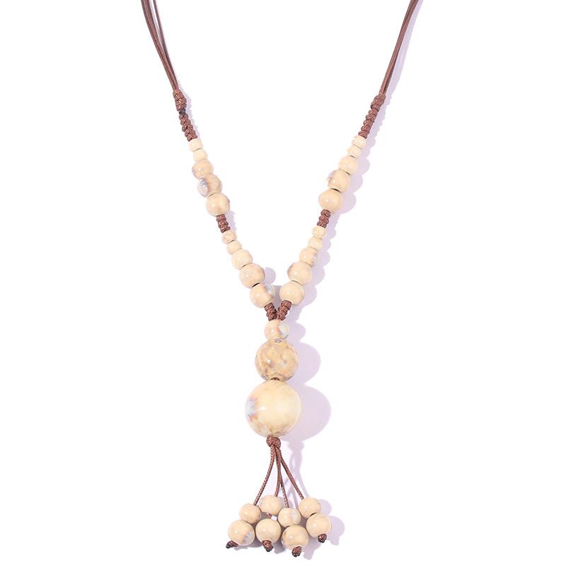 Lång vävd etniskt stil halsband mångsidigt dam handgjort kalebass keramiskt halsband högtidsgåva hänghalsband