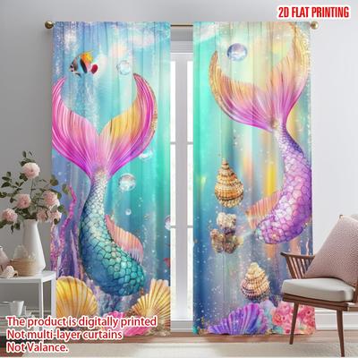 2pcs,2D Plane Printing Popular Curtains Mermaids Tale Polyester (without Rod) Decorations Outdoor for Living Room and Bedroom
