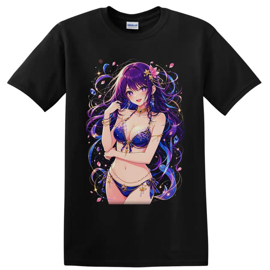 Anime Waifu T Shirt Celestial Fantasy Bikini Girl Purple Hair Sparkle Art Tee