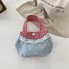 5 Sweet little fresh lace handbag retro fashion red and blue contrasting color plaid handbag
