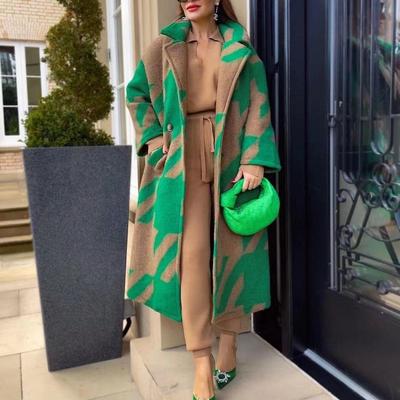 Women's Mid-Length Geometric Pattern Woolen Overcoat with Suit Collar