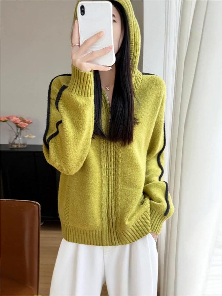 Women's Versatile Korean Style Hooded Knit Cardigan Sweater Coat for Autumn/Winter 2025