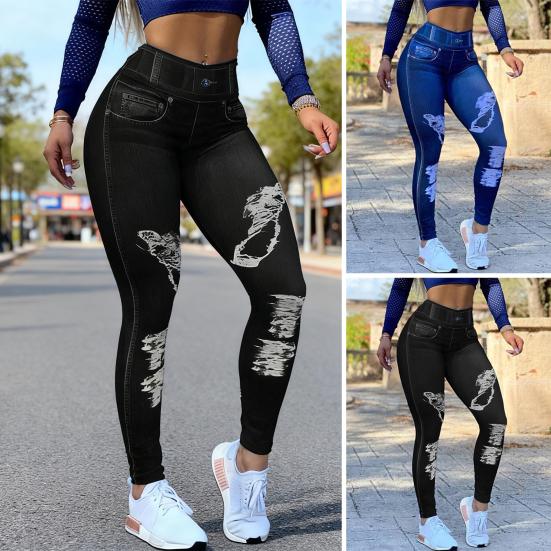 Women Pants High-Elastic Tight-Fit Fabric Imitation Jeans Leggings with Pockets Printing Ergonomic Tailoring Yoga Pants