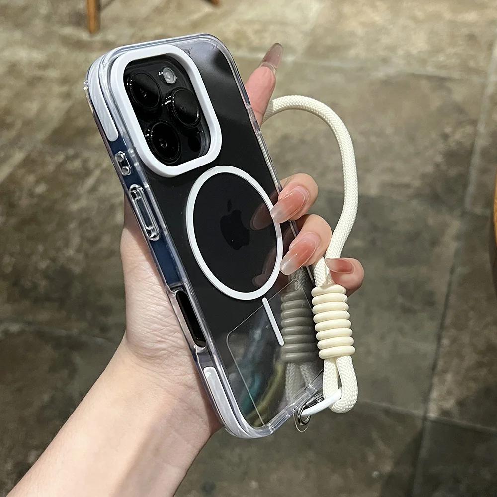 Wrist Strap Transparent Magnetic Phone Case for iPhone 14 15 16 Plus 11 12 13 16 Pro Max Magsafe Clear Charging Shockproof Cover