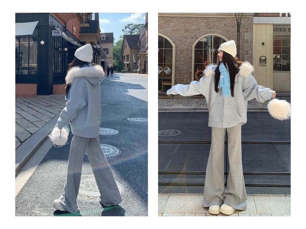 Women's Gray Micro-Flare Sweatpants: 2025 Autumn/Winter Korean Style, Wide Leg, Plus Velvet, Thickened Casual Pants.