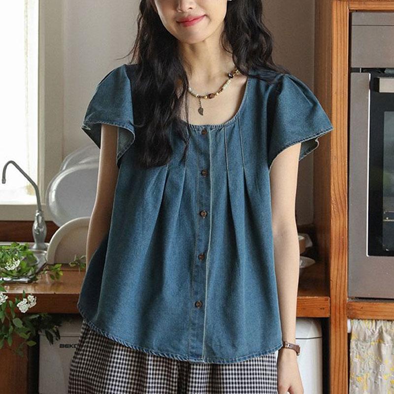 Fashion Folds Vintage Denim Blouse Summer Thin Short Sleeve Women's Clothing Loose Solid Color All-match Casual Round Neck Shirt