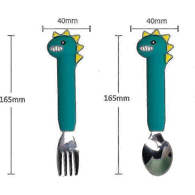 Preschool Dinosaur Silicone Fork And Spoon Set (green Long), Baby Training Self-service Feeder Easy To Grip Toddler Tableware Set, Suitable For Weanin