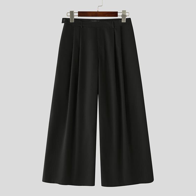 INCERUN Men Zip-up High Waist Casual Long Wide Legs Pants Trousers