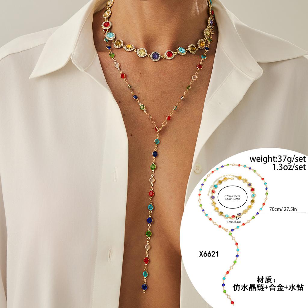 Hip-Hop Diamond-Encrusted Cross Pendant Necklace, Fashionable Imitation Pearl Flower Chain Stacked Necklace