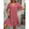 Women's Dress Summer Short Sleeve V Neck Loose Casual A Line Beach Vacation Dress Women Fashion Elegant Pleated Solid Color Ladies Bohemian Dresses