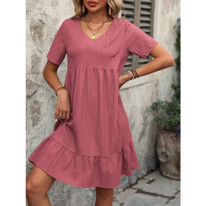 Women's Dress Summer Short Sleeve V Neck Loose Casual A Line Beach Vacation Dress Women Fashion Elegant Pleated Solid Color Ladies Bohemian Dresses