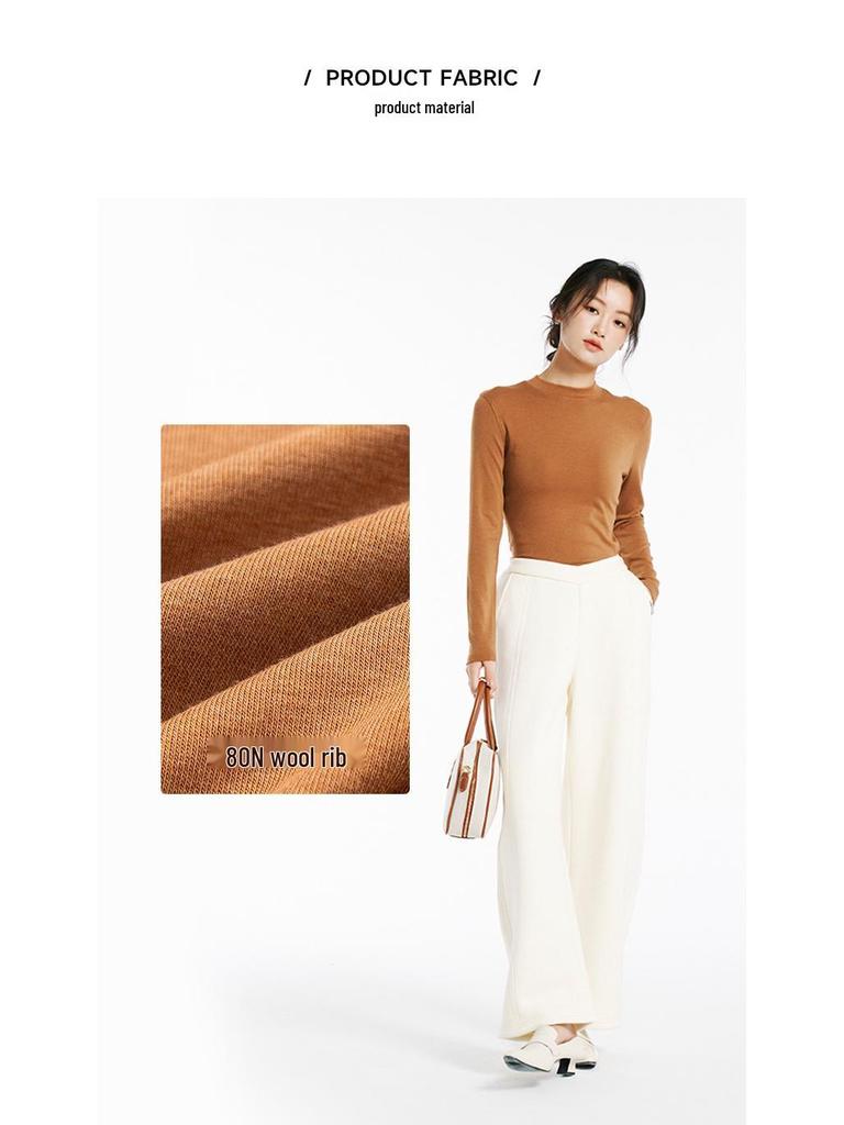 Women's 2025 Merino Wool Ribbed Crew Neck Pullover, Long Sleeve Base Layer for Autumn/Winter