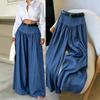 Damen Französische Vintage Weite Hosen - Hoch taillierte Fließende Bodenlange Hosen mit Drapierter Falte, Locker geschnittene Uni Weite Hosen (Kein Gürtel)