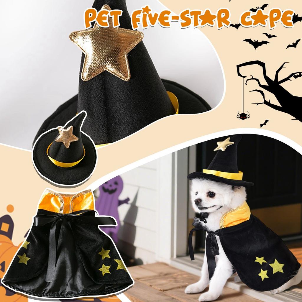 Halloween Dog Cape Costume With Hat Pet Cape Set Bat/Pumpkin/Star  Black Orange And Gold Spider Print